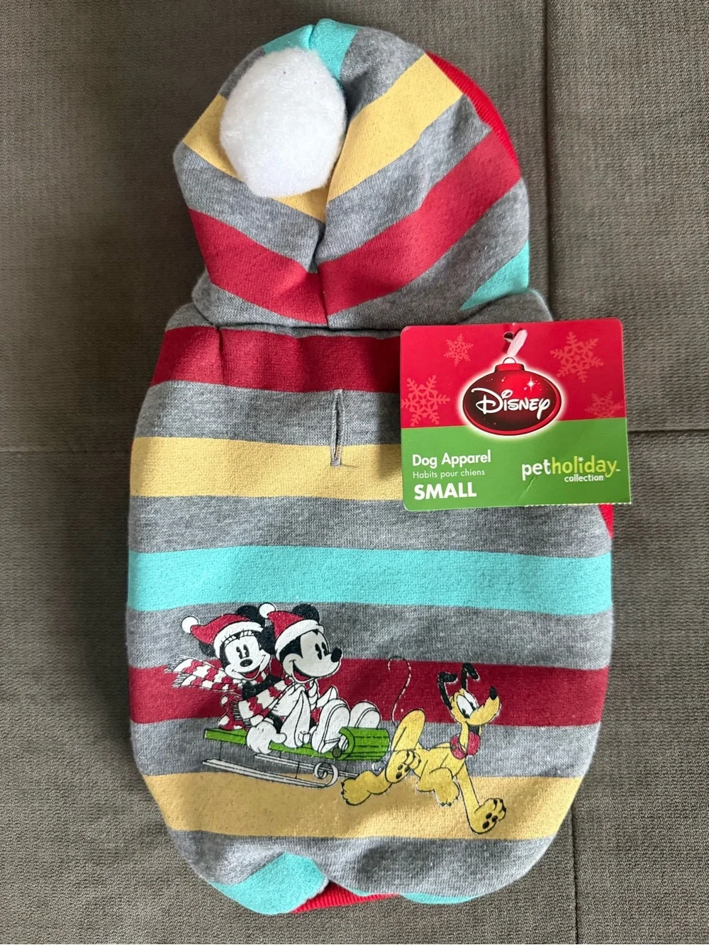 Disney Striped Holiday Dog Hoodie in Gray, Red, Yellow & Teal
